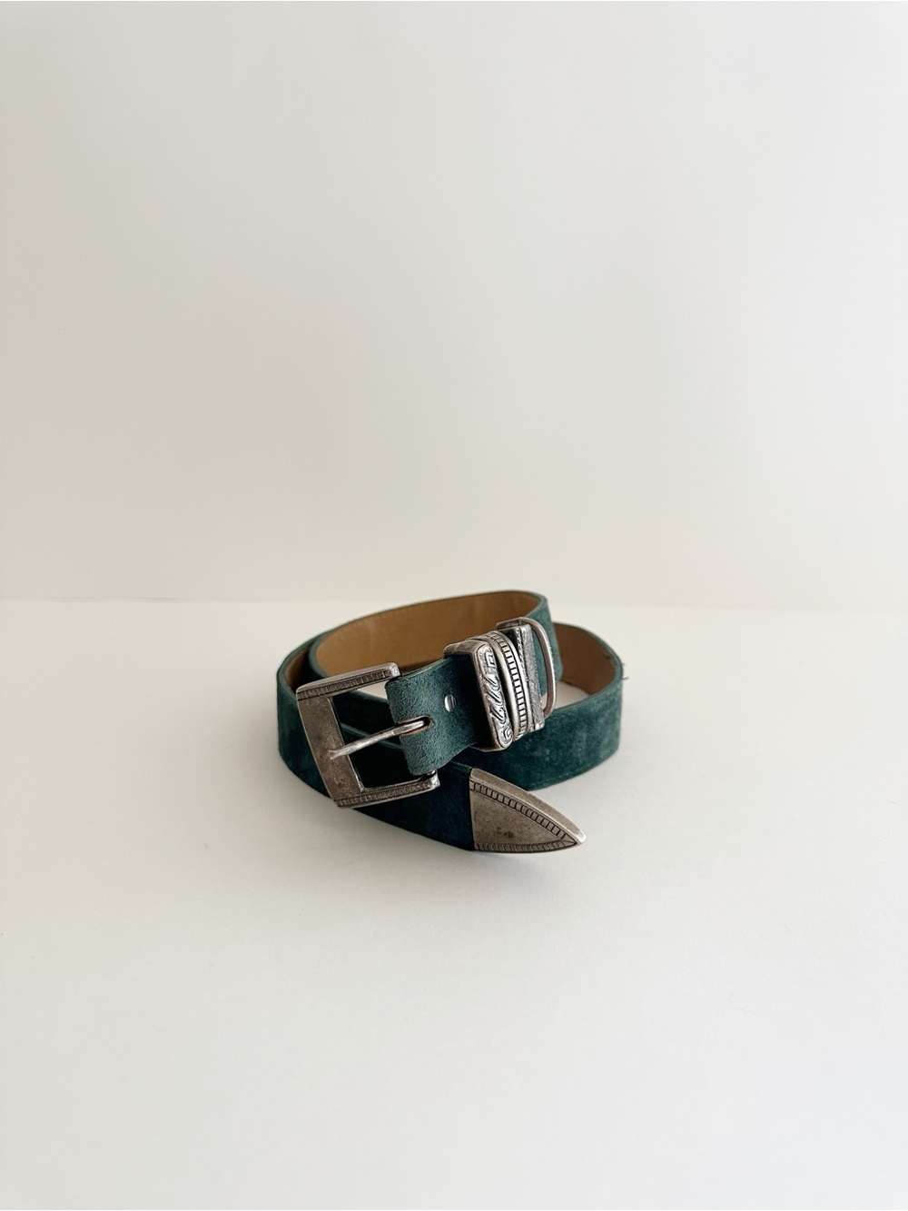 Vintage turquoise suede leather Silver Buckle Western Boho belt